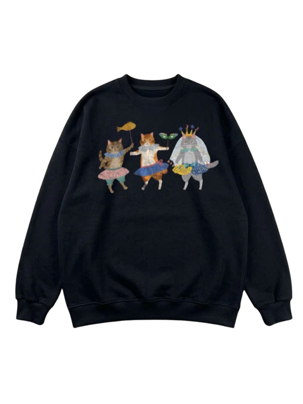 Gildan Black Crewneck Sweatshirt with Dancing Cat Print